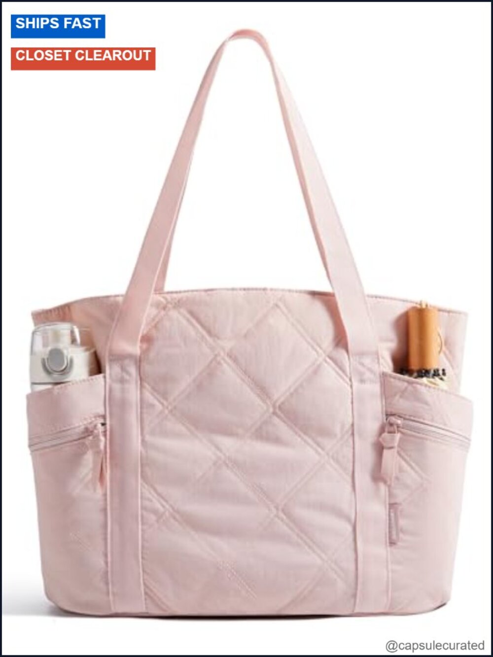 Quilted Puffer Tote Bag with Zipper, 20L, Multi-Pocket, Lightweight